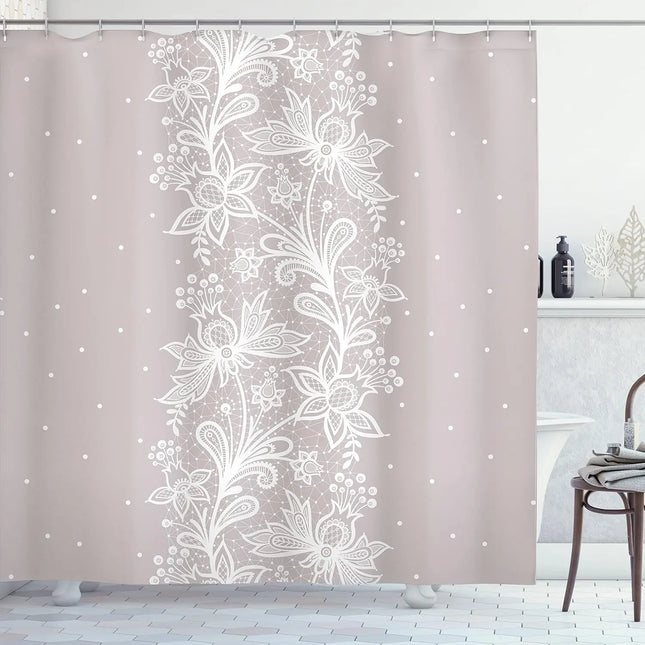 Blush Pink Floral Shower Curtain With White Lace Pattern Elegant Bathroom Decor Romantic Boho Style Water Resistant Fabric Home
