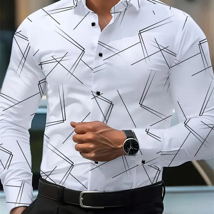 Men's trendy geometric line print long-sleeved shirt Business casual fashion design slim fit non-iron versatile ins style shirt