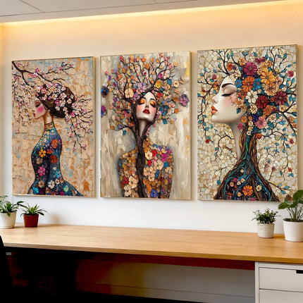 Gustav Klimt Style Mosaic Tree of Life Flower Goddess Canvas Painting Abstract Floral Goddess Art Poster Living Room Home Decor