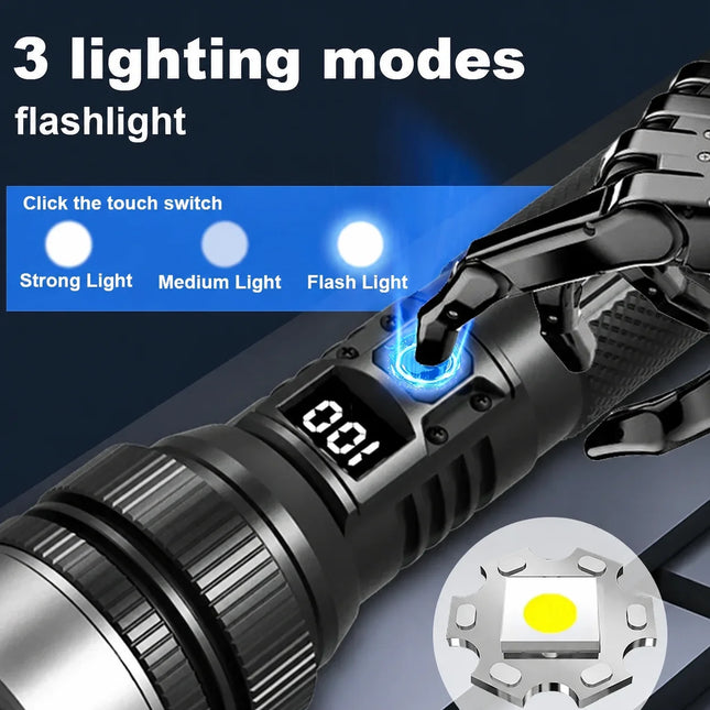 Powerful LED Flashlight Type-C Rechargeable Zoomable Torch with Digital Display Handheld Flashlights Power Bank for Outdoor Use