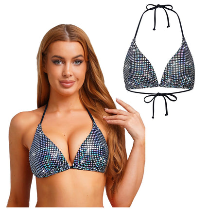 Women Sissy Metallic Shiny Bikini Top Triangle Cup Backless No-wire No-Pad Lace-up Bra Top Beachwear Swimsuit Underwear Brassier