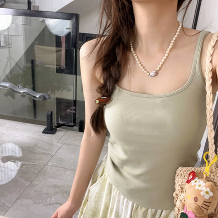 Women's Vest with Built-in Bra Pad Elastic Ribbed Square Collar Csole Tank Top ort Length  Color Versatile Summer F...