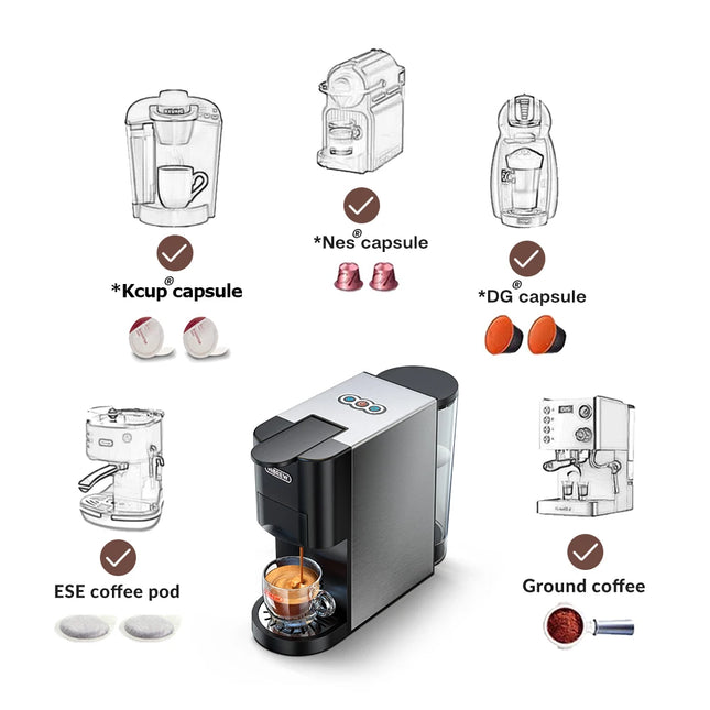 HiBREW Coffee Machine 5in1 Multiple Capsule Espresso Dolce Milk&Nespresso&ESE Pod&Powder Coffee Maker Stainless Metal H3A