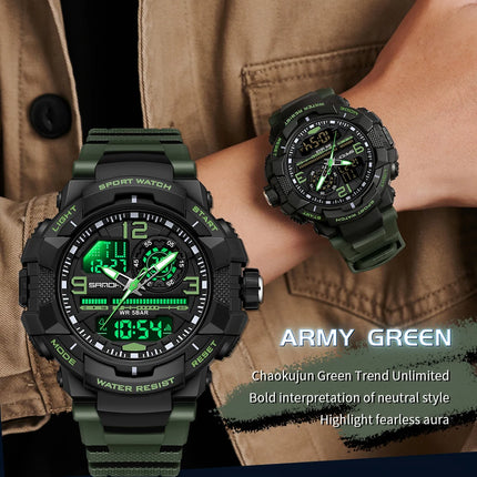 SANDA 6130 Dual Display Men Watches Waterproof Sport Watch Military Man Alarm Stopwatch Quartz Wristwatch Men LED Digital Clock