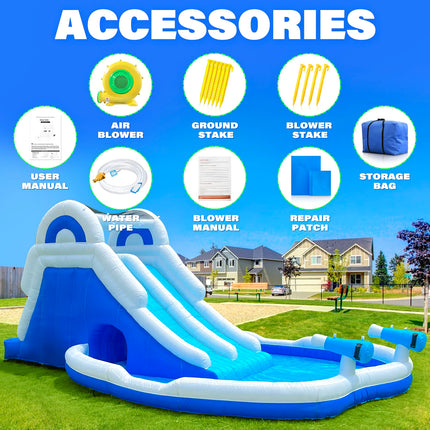 Blue & White Water Slide with Dual Sliding Lanes, Large Splash Pool, and Fun Water Cannon - Ultimate Outdoor Summer Water Slide