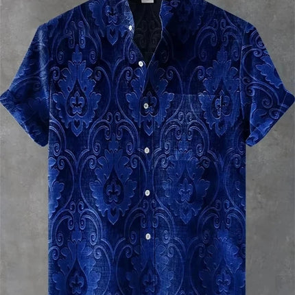 New men's short sleeved linen shirt with geometric pattern 3D printing, Hawaii casual vacation fashion lapel button top