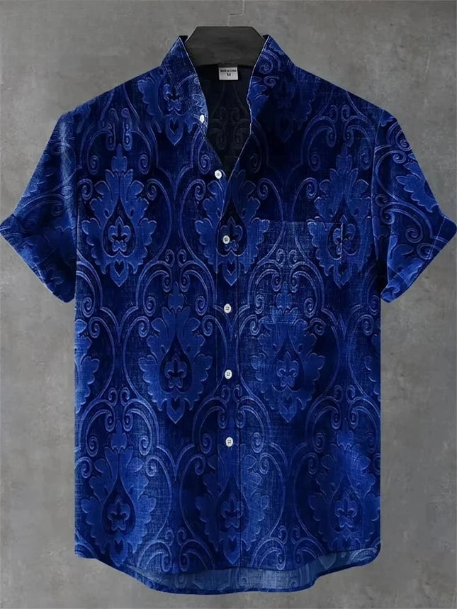 New men's short sleeved linen shirt with geometric pattern 3D printing, Hawaii casual vacation fashion lapel button top