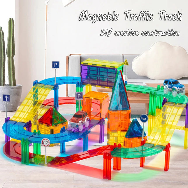 Magnetic Tiles Road Car Toys Kid Magnetic Building Blocks Electric Rail Car Construction Game Montessori STEM Activity Toys Boys