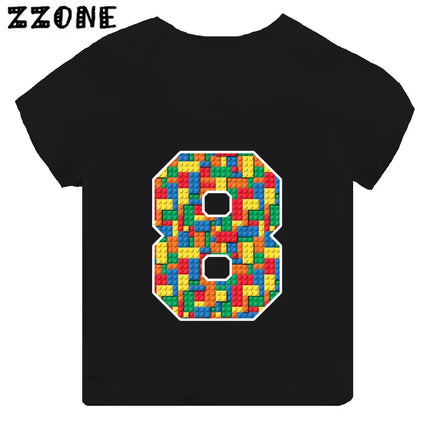 Building Blocks Bricks Number Bow Print Cartoon Boys Clothes 1 2 3 4 5 6 7 8 9 Years Birthday Kids T-shirt Baby Girls T-Shirts