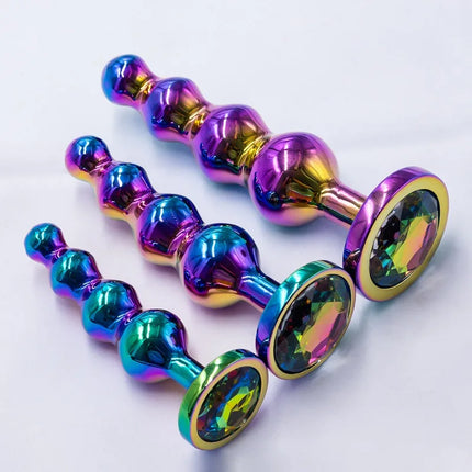 Metal Curved Anus Butt Plug 4 Beads Stimulating Anal Plugs Sex Toy Prostate Massage Analplug Buttplug with Jewelry Base