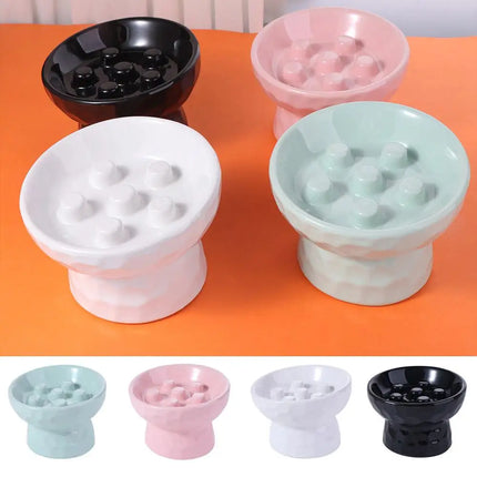 Ceramic Cat Slow Feeder Bowl Slanted Mouth Non-slip Pet High Foot Bowl Anti Tipping Stable Elevated Cats Feeder Basin