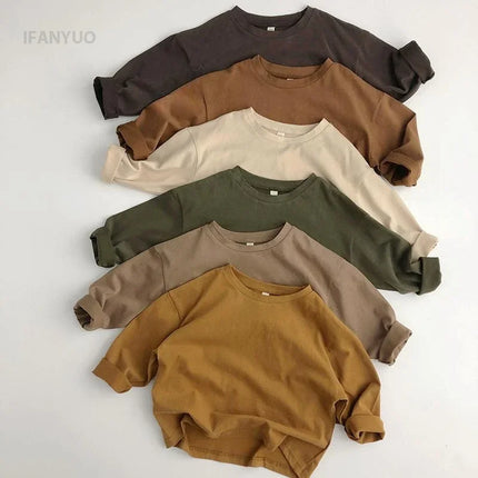 1-7Y Kids Cotton Shirt Solid Caramel Coffee Color Children's 2025 Autumn New Boys Girls Cotton Stylish Long Sleeved T-shirt