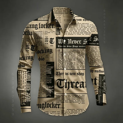 Men's Shirt Long Sleeved Shirt Newspaper Letter Print Retro Casual Single Breasted Shirt Street Style Trendy Men's Top XS-6XL
