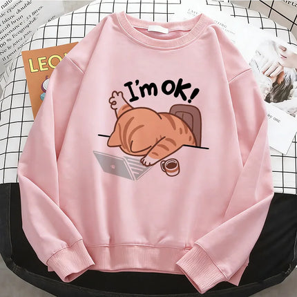 Funny Womens Solid Hoodies Computer Cat Basic Warm Fleece Sweatshirt Soft Breathable O-Neck Pullover Casual Female Clothes