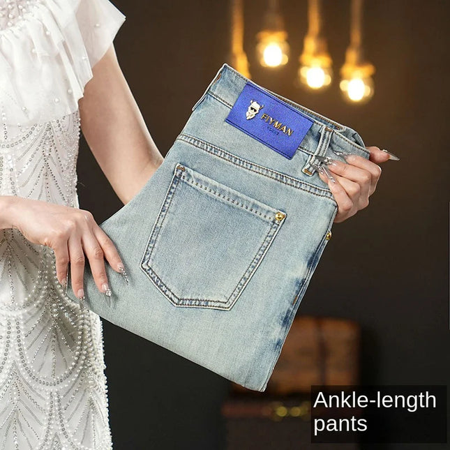 Summer thin 2025 new jeans men's slim fit small foot trendy brand fashionable light luxury elastic denim casual long pants