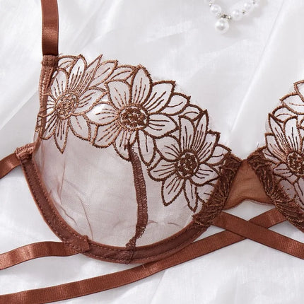 High-End Floral Embroidered Underwire Bra Set, Women's Mesh Unlined Bra + Panties