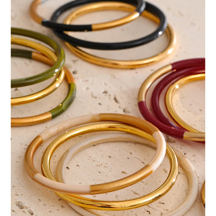 Yhpup 1Set 66mm 3 Round Circle Resin Overlay Minimalist Bracelet Bangle Set 18K Gold Plated Stainless Steel Wrist Trend Jewelry