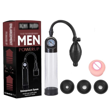 Effective Penis Pump for Men Enlargement Vacuum Dick Extender with Pressure Gauge Realistic Vaginal Sleeve 3 Silicone Inserts