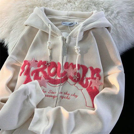 Vintage Streetwear Zip Up Tops Oversized Star Graphics Print Hoodies 2024 Women American Retro Graphic Hooded Sweatshirts