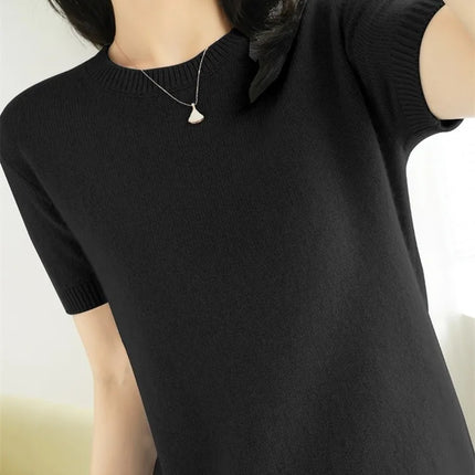 Summer New Women's Knitted Short Sleeve T-shirt Thin Wool Cashmere Short Sleeve Loose Fit Round Neck Top Outerwear Straight Cut