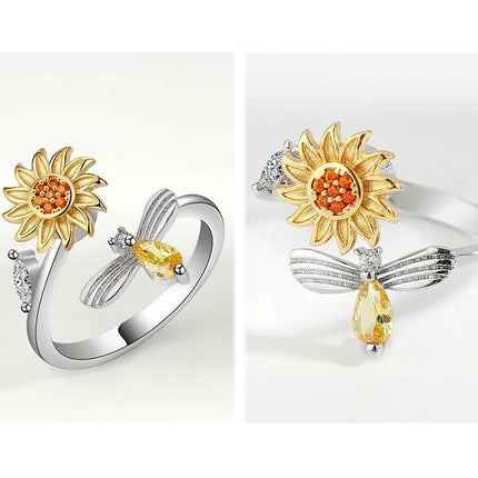 VENTFILLE 925 Sterling Silver Sunflower Diamond Zircon Rotatable Ring For Women Gift Relieve Stress Ring Jewelry Wholesale