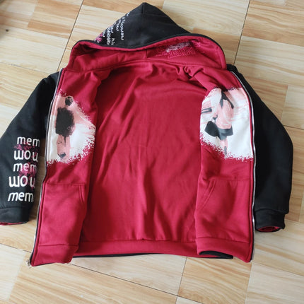 New Double-Sided Hooded Zipper Sweatshirt with Autumn and Winter American Printed Patchwork Cardigan Top and Outerwear Ins