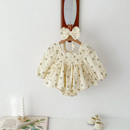 INS style Baby's Autumn Jumpsuit Baby Girl's Princess Hare  Small Floral Dress Western style Sweet with Headband Dress