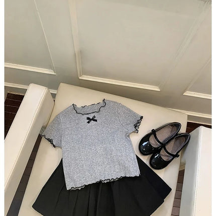 Girls' Ice Silk T-shirt Korean Style Short Sleeve Tops Children's Clothes 2025 Girl Summer Teen Kids Bow Round Neck Solid Tops