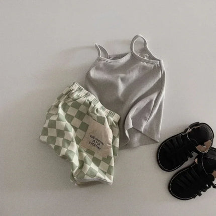 Korean Style Ins Fashion Kids Tank Top & Checkered Shorts Set Boys Girls Summer Lightweight Cotton Clothing New 2025‌