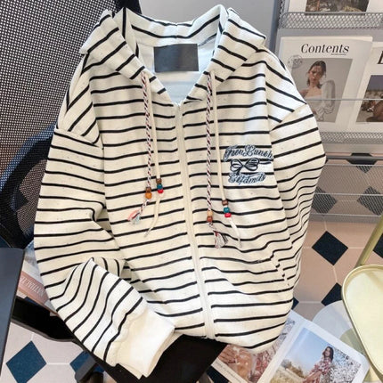 2000S American Vintage Striped Loose Long Sleeve Hooded Sweatshirt Y2k Subculture Casual Zip Up Hooded Cardigan Harajuku Coats
