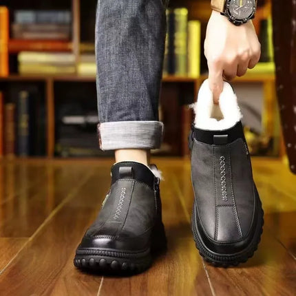 Men's Winter Casual Shoes Thickened Fleece Lined Waterproof Leather Surface Warm Wear Resistant Work Shoes Slip on round Toe