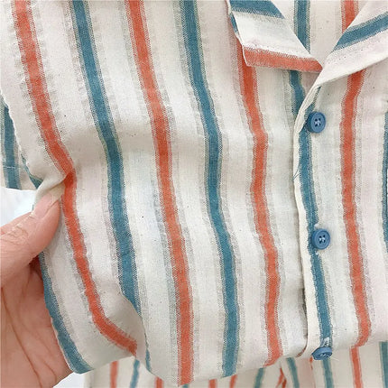 Summer Toddler Siblings Attire Turn Down Collar Top Striped Shorts Infant Boy Suit Loose Sleeveless Retro Dress Baby Girl Outfit