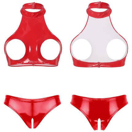 Womens Lingerie Temptation Set Hollow Chest Crop Top with Crotchless Open Butt Briefs Patent Leather Bra with Underwear Sets