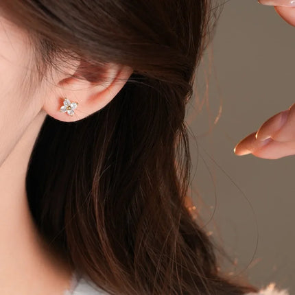 Classic Trendy Little Lucky Zircon Four Leaf Flower Stud Earrings for Women High Quality Stainless Steel Piercing Jewelry Gift