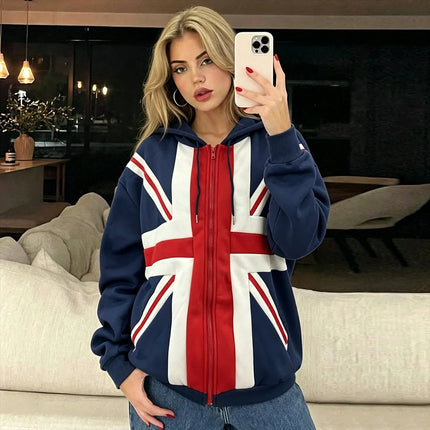 2026 Autumn Winter New Retro Flag Hooded Sweatshirt Zipper Jacket Relaxed Daily Casual Street Fashion Men Women Hoodie