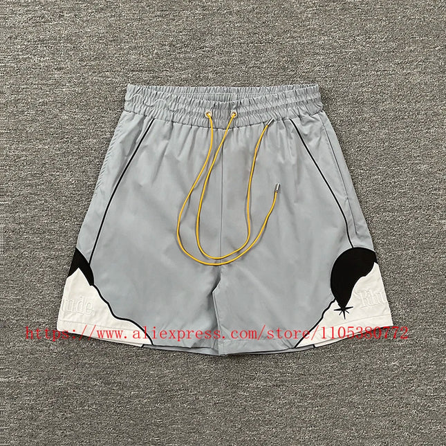 2026 New  RHUDE Men's Print Casual Shorts Loose Fit Nylon Drawstring Basketball Street Beach Shorts with Pockets Fast Delivery