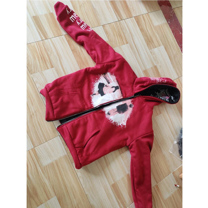 New Double-Sided Hooded Zipper Sweatshirt with Autumn and Winter American Printed Patchwork Cardigan Top and Outerwear Ins