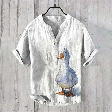 European Size Fashion Plus Comfortable Short Sleeved Men's New V-Neck Travel Printed Linen Breathable Men's Shirt