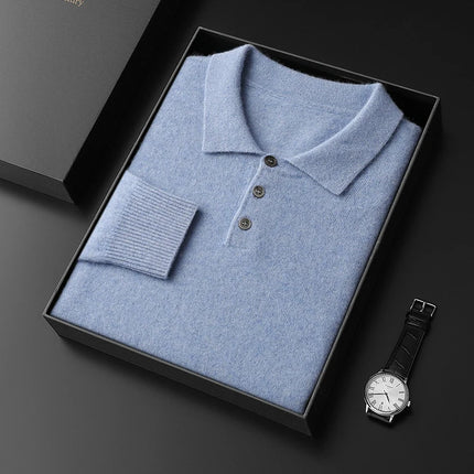 Men's POLO Collar Knitted Pullover Sweater 100% Cashmere Long Sleeved Shirt Casual Business Solid Color Men's Tops Autumn Winter