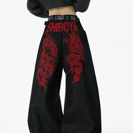 American retro embroidered pattern hip-hop jeans suitable for both men and women Y2K street cool floor length wide leg pants