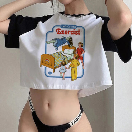 Crop Top Gothic Horror Y2k Aesthetic 90s Satan T Shirt Women Satanism Evil Demon Grim Death Tshirt Female Cropped T-shirt