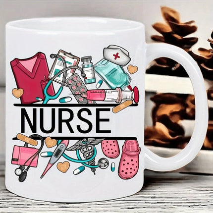 Nurse Themed 11 Ounce Ceramic Coffee Mug - Reusable, Insulated Travel Mug with Medical Illustrations, Hand Wash Only - White