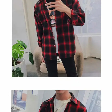 Casual Plaid Long Sleeve Men's Shirt Autumn Korean Style Loose Fashionable Outerwear Couple's Casual Shirt Comfortable Fit