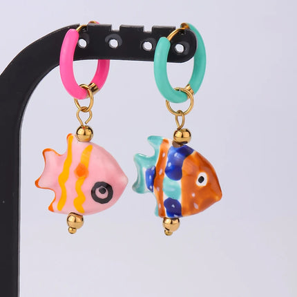 1Pair Trendy Ceramic Hand-painted Tropical Fish Y2K Girl Hoop Earrings Cute Sea Animal Conch Shell Summer Women Aretes Jewelry