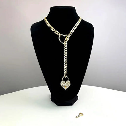 Womens Heart Slip Chain Necklace for Women with Rainstone Lock and Key Cuban Link Chunky Punk Rock Stainless Steel Choker