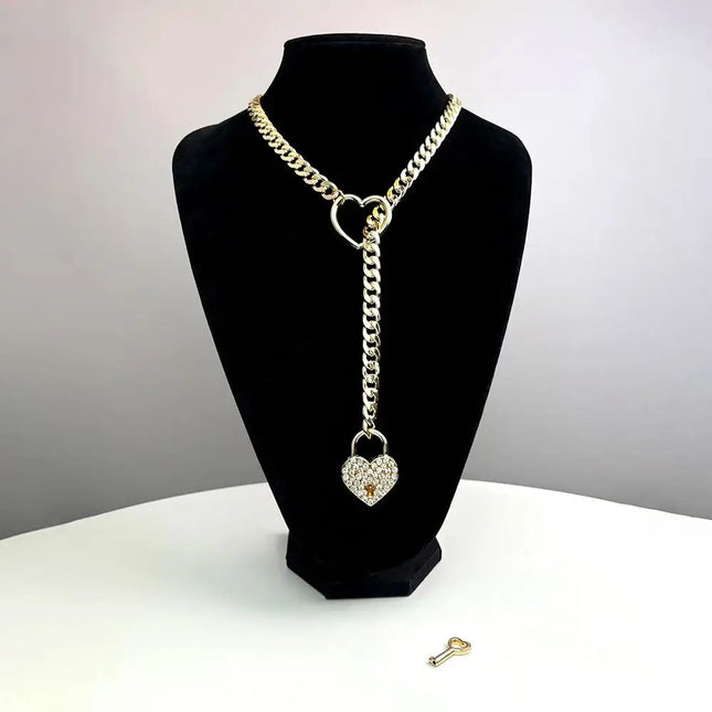 Womens Heart Slip Chain Necklace for Women with Rainstone Lock and Key Cuban Link Chunky Punk Rock Stainless Steel Choker