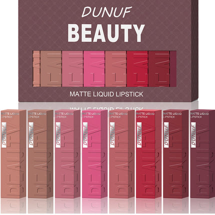 8Pcs/Set Nude Brown Matte Liquid Lipstick Velvet Sexy Dark Red Lip Glaze Non-stick Cup Not Easy To Fade Lip Gloss Lipstick Makeu