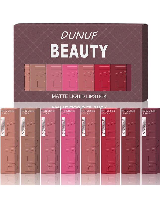 8Pcs/Set Nude Brown Matte Liquid Lipstick Velvet Sexy Dark Red Lip Glaze Non-stick Cup Not Easy To Fade Lip Gloss Lipstick Makeup