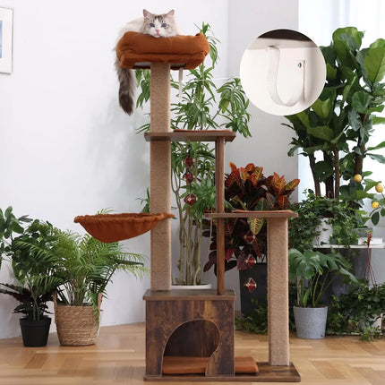 4-in-1 Large Modern Cat Tower with Scratching Post, Hammock, and Silvervine Balls, Brown Wood Climber for Indoor Cats, Retro Style
