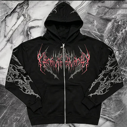 Men Gothic Skull Thorn Graphic Full Zip Up Hoodie Fleece Lined Long Sleeve Winter Punk Goth Streetwear Oversized Sweatshirt